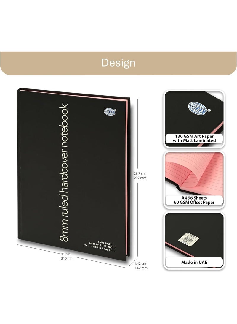 FIS Hard Cover Notebook, Glued Binding, A4 Size(210x297mm), 96 Sheets, 192 Pages, Pastel Pink Color Paper with 8mm Single Line Ruling, Packet of 5 Pieces, Black Cover Design-FSNBA4SL96PPI - Image 2